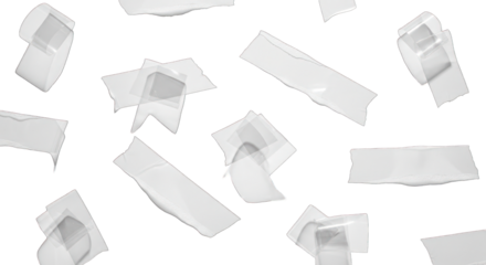 Scattered Transparent Tape Pieces on White Background.