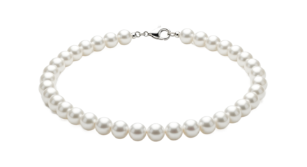 A classic and luxurious pearl necklace featuring a single strand of perfectly round white pearls, isolated on a clean white background
