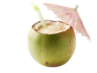 Sip on refreshing tropical paradise with a freshly cracked coconut drink adorned with a festive umbrella and straw, perfect for summer vibes and beach vacations.Isolated  to Transparent  Background