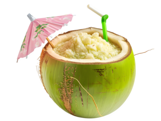 Refreshing tropical coconut drink with a straw and a festive umbrella, perfect for summer holidays and beachside enjoymentIsolated  to Transparent  Background