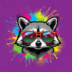 Fototapeta premium Stylish Raccoon in Cool Reflective Sunglasses Against a Vibrant Paint Splatter Background, a Modern Animal Illustration with an Expressive Urban Art Vibe