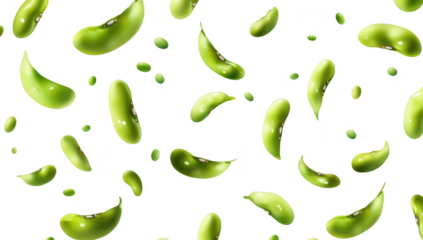 A pattern of glossy green beans scattered across a white background. creating a fresh and lively atmosphere. ideal for food-related designs or culinary projects