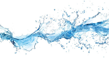 A splash of clear blue water creating dynamic waves and droplets against a white background. ideal for use in advertising. design. or educational materials