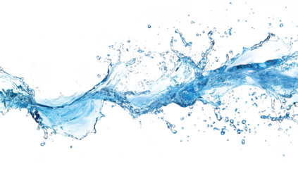 A splash of clear blue water creating dynamic waves and droplets against a white background. ideal for use in advertising. design. or educational materials