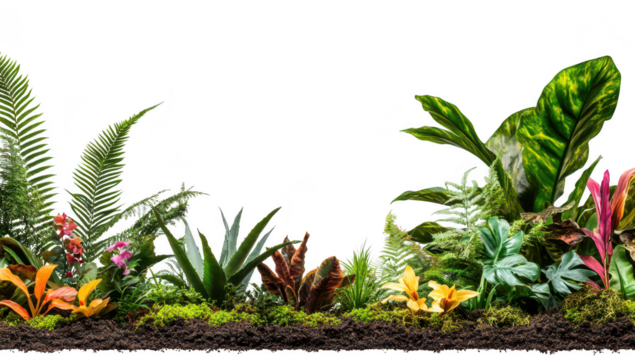 A arrangement of tropical plants and colorful flowers set against a clean white background. the beauty of nature and ideal for gardening or botanical themes