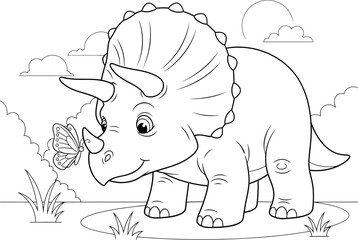 Cute Cartoon Triceratops with Butterfly - Black and White Line Art for Coloring Book