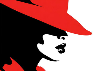 Mysterious Woman in Red Hat Profile in Bold Red and Black Style with Copy Space