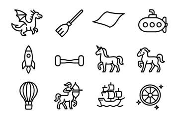 Fantasy and adventure icons set featuring unicorns, dragons, and submarines in linear style