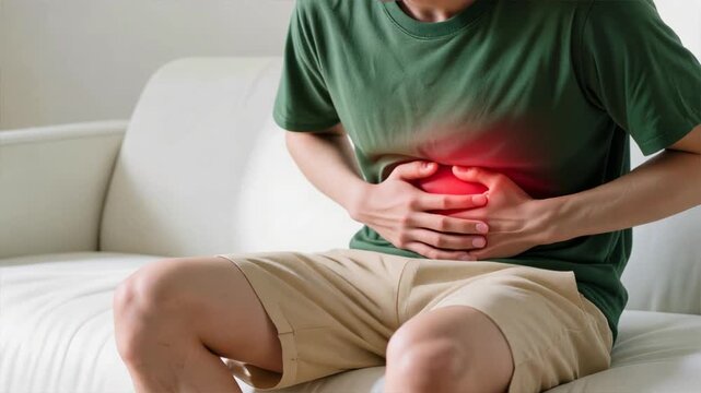 A man holding stomach in slight pain withsoft natural light and decor suggest calm setting, showing acidity and heartburn visual