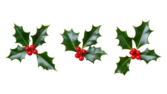 A close-up view of three sprigs of holly with red berries and glossy green leaves arranged neatly on a white background. ideal for holiday-themed designs and seasonal decorations