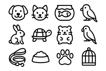 Fototapeta premium Cute pet line art icons featuring animals and accessories