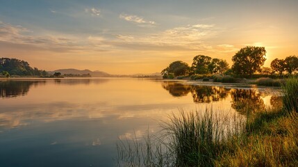 Obraz premium shore. Tranquil lakeside view at sunset with calm water reflecting golden hues. inspiring travel planning, travel magazines, designed for outdoor magazines and nature guides.