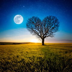 dead heart shaped tree in the middle of a field with night moon, cute and dreamy, feminine, romance, Valentines day concept