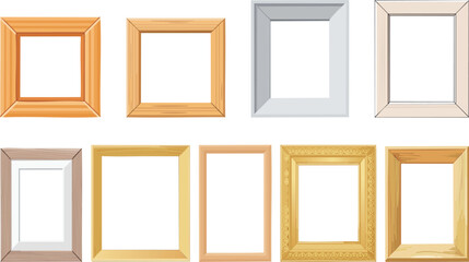 Vector illustration set of decorative frames in wood, golden, and modern styles. Perfect for photo frames, artwork borders, posters, gallery displays, interior decoration, and graphic design projects.