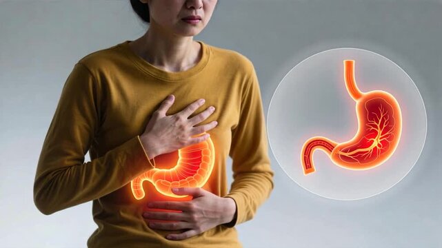 A woman presses a chest and belly with glowing stomach inset in orange red shows inflammation, clean gradient background, showing acidity, heartburn theme