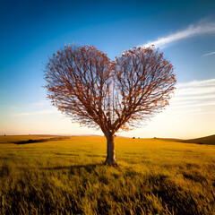 dead heart shaped tree in the middle of a field, cute and dreamy, feminine, romance, Valentines day concep