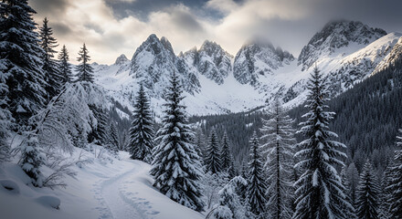 Obraz premium Snowy mountain range with evergreen trees and cloudy sky on a cold winter day in the wilderness