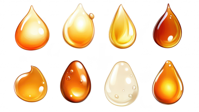 A collection of various droplets different shades and textures of liquid. emphasizing their glossy surfaces and unique shapes. suitable for design and illustration use