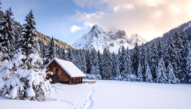 A cozy log cabin nestled in a snowy mountain valley