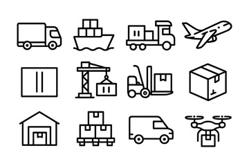 Simple outline icons of transportation and delivery logistics