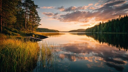 shore. Tranquil lakeside view at sunset with calm water reflecting golden hues. inspiring travel planning, travel magazines, designed for outdoor magazines and nature guides.