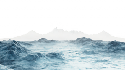 A serene view of rolling ocean waves under a soft. cloudy sky. with distant mountains creating a tranquil backdrop. ideal for conveying peace and nature in various media