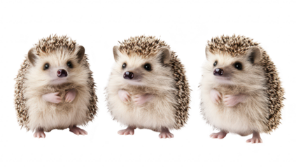Three adorable hedgehogs standing upright with paws clasped. their unique spiky fur and curious expressions against a clean white background. ideal for nature or pet-related content