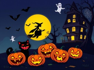 Spooky halloween night scene with jack-o'-lanterns witch ghost haunted house and bats