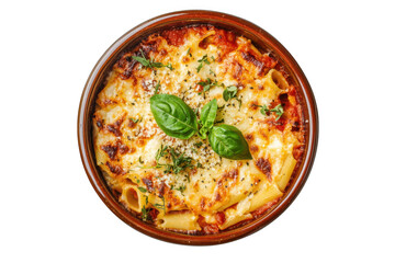 Delicious baked ziti pasta dish with tomato sauce, mozzarella cheese, and basil toppings in a casserole isolated on transparent background