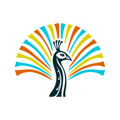 Stylized Peacock Logo with Colorful Tail Feathers Bihu Peacock in profile with fanned tail feathers reduced to bold curved lines