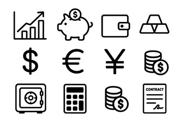 Financial icons set including currency symbols and savings elements in line style