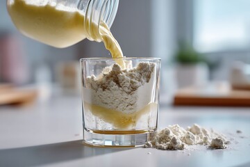 Mixing protein powder with liquid supplement in a bright kitchen environment, showcasing the food preparation process for healthy living, captured in a close-up view.