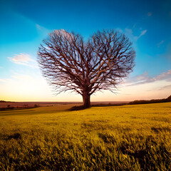 dead heart shaped tree in the middle of a field, cute and dreamy, feminine, romance, Valentines day concep