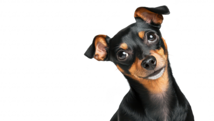 A charming black and tan miniature pinscher dog tilting its head slightly while posing against a plain white background. exuding a playful and curious demeanor. perfect for pet-related content