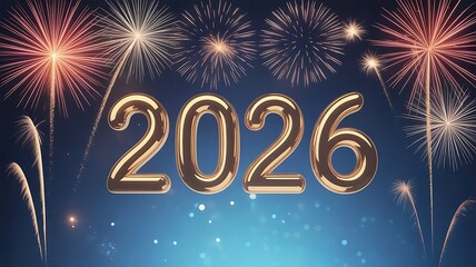 Celebrate the New Year 2026 with dazzling fireworks and shimmering gold lettering against a vibrant blue background for festive greetings and joyous promotions
