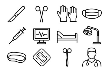 Obraz premium Medical instrumentation outline: surgical tools, devices, and healthcare symbols