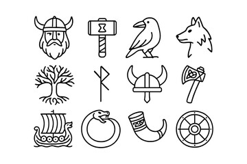 Fototapeta premium Linear norse icon set: viking helmet, thor's hammer, and nordic symbols