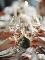 Celebration of Friendship and Joy at a Festive Gathering With Clinking Glasses of Sparkling Wine on a Beautifully Set Table