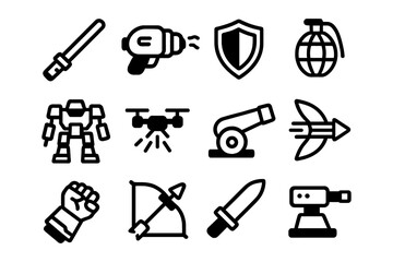 Fototapeta premium Futuristic linear icons: robots, weapons, drones, and shields for gaming