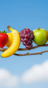 Naklejki Title: A vibrant and creative display of various fruits balanced on a thin branch.  