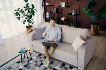 Obraz premium Confident mature man working on laptop while enjoying coffee in a modern and stylish home interior