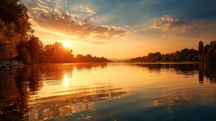 shore. Tranquil lakeside view at sunset with calm water reflecting golden hues. inspiring travel planning, travel magazines, designed for outdoor magazines and nature guides.