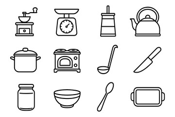 Kitchen utensils and appliances icons set in linear style
