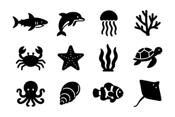 Fototapeta premium Silhouette marine icons collection: sea animals and ocean creatures for nautical designs
