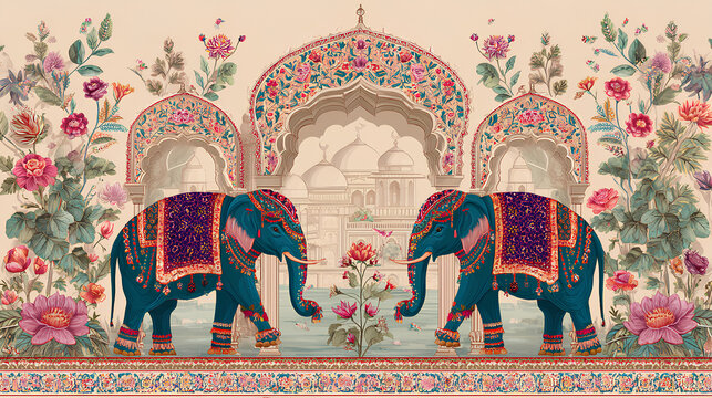 Mughal Rajasthani art style featuring adorned elephants floral archway and decorative border illustration for wedding Stock Illustration
