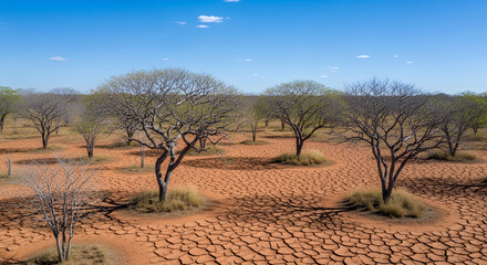Fototapeta premium Arid landscape featuring cracked earth and scattered trees under a clear blue sky in a dry environment