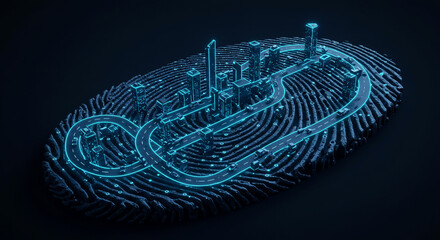 Digital fingerprint with glowing blue circuitry and abstract data streams representing biometric security and identity verification technology