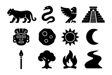 Obraz premium Ancient civilization symbols: animal, nature, and architecture silhouettes