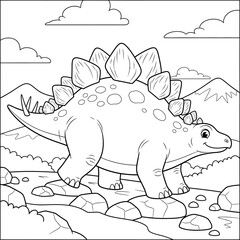 Cute Cartoon Stegosaurus in Rocky Landscape - Black and White Line Art for Coloring Book