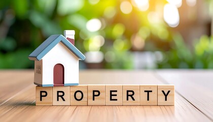 Miniature house on wooden blocks spelling PROPERTY